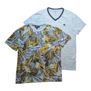 Express Men's T-Shirts Bundle of 2 Heathered Gray Yellow Tropical Floral Medium